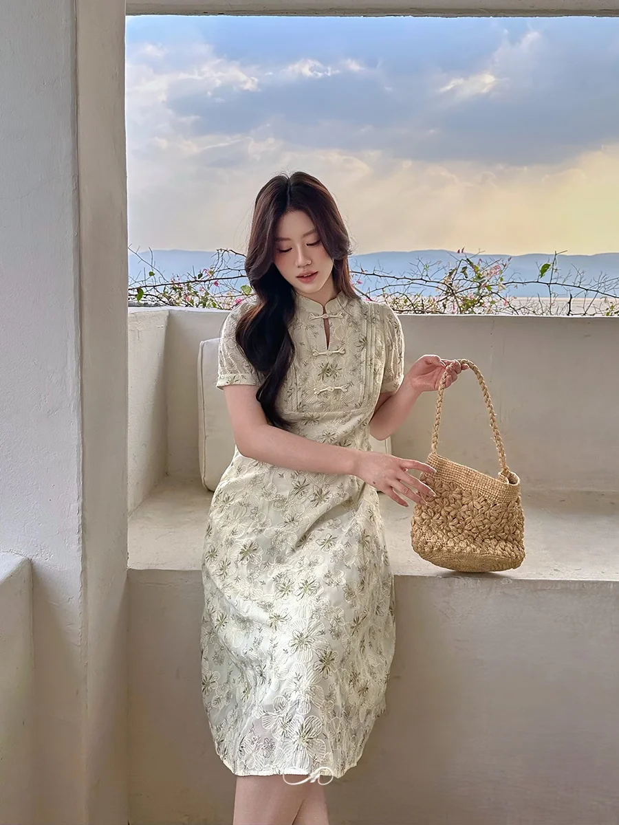 

Новое китайское платье макси с вышивкой и цветочным узором, повседневное, приталенное, с завышенной талией, из полиэстера, летнее, с коротким рукавом, средней длины