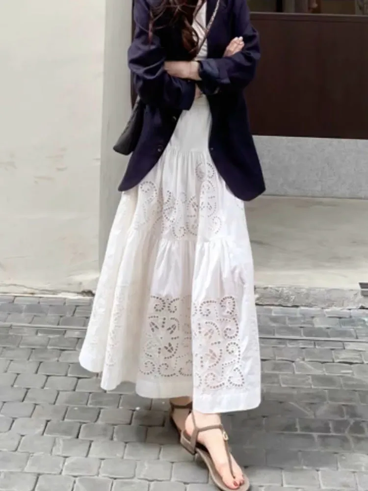 

Ретро-юбка с высокой талией, ажурная, эластичная, женственная, весенне-летняя, новая, стройнящая, струящаяся, длинная юбка для женщин больших размеров