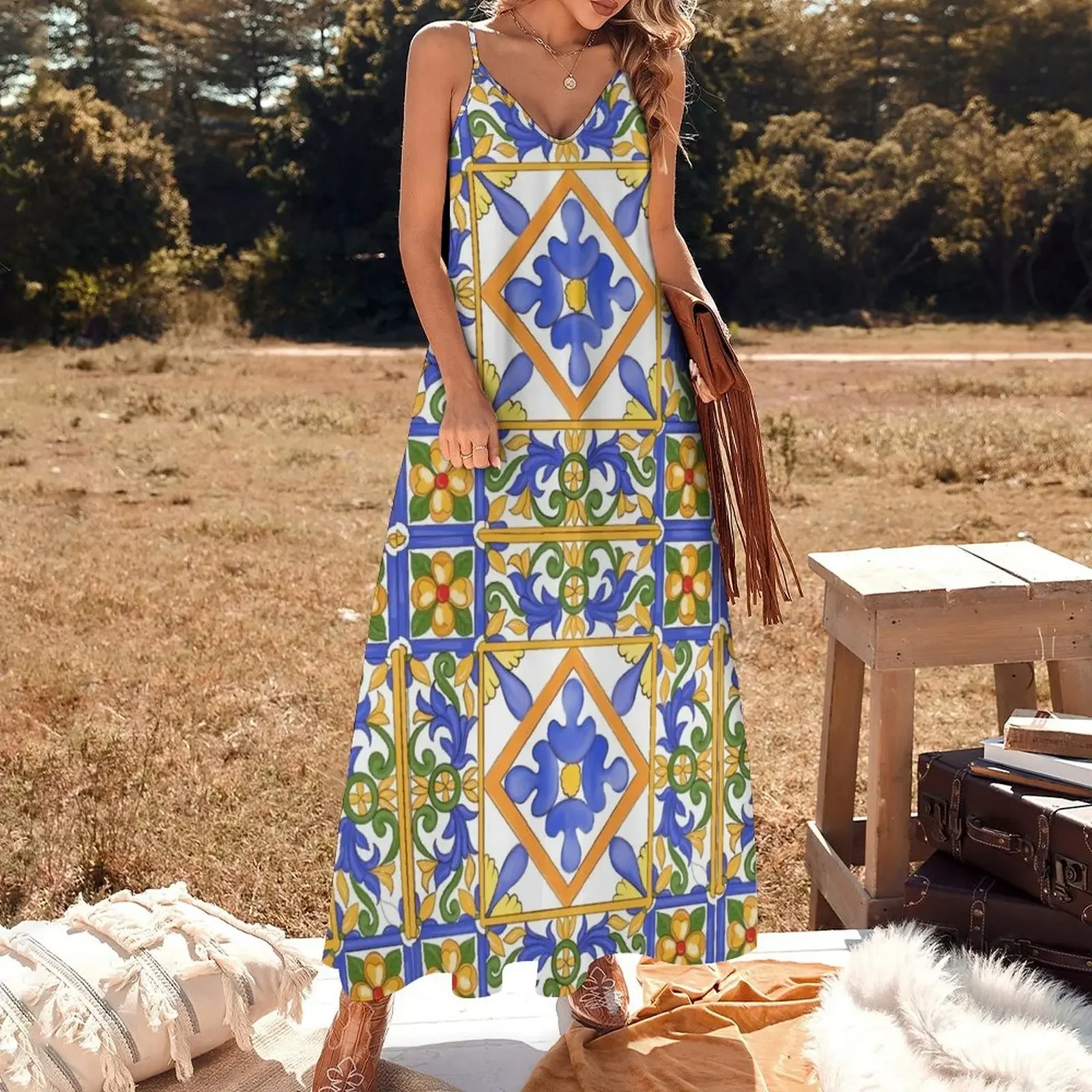 Citrus,Sicilian style summer decor pattern Sleeveless Dress prom dresses women clothes Dress