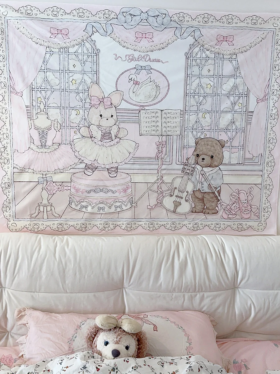 Cartoon Style Tapestry Rabbit Bear Background Cloth Wall Decoration Hanging Cloth Girl's Room Dormitory Tapestries Bedroom Decor