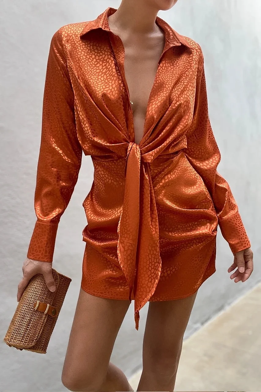 Faionable V-ne Long Sve irt Dr Damen Herbst Lässig Gürtel Button-up Hohe Taille Bum Rock Einteiler Polyester