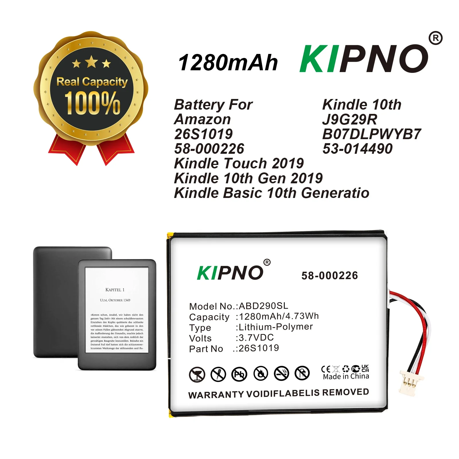 KIPNO 26S1019 58-000226 1280mAh Battery for AMAZON Kindle 10th J9G29R B07DLPWYB7 53-014490 Kindle Basic 10th Gen Kindle