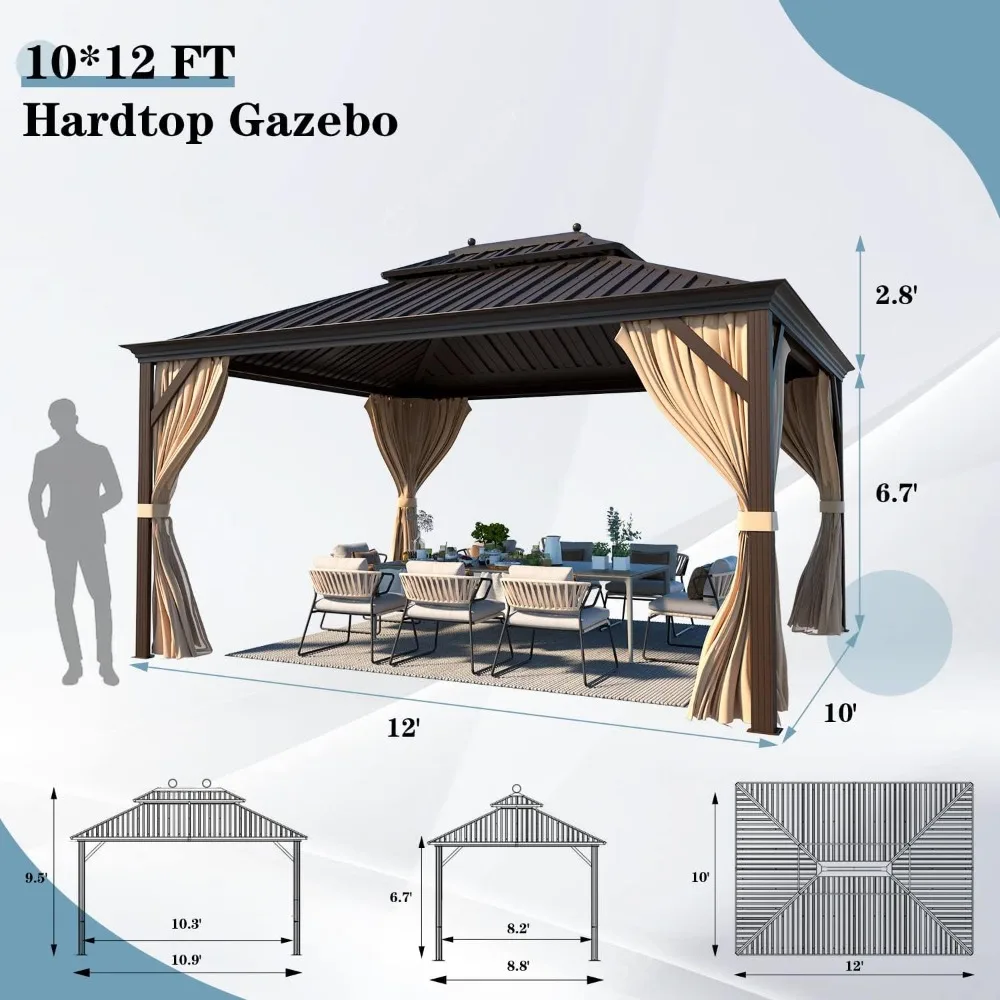 10' x 12' Hardtop Gazebo, Brown Permanent Pavilion Gazebo with Curtains and Netting, Galvanized Steel Metal Double Roof Aluminum