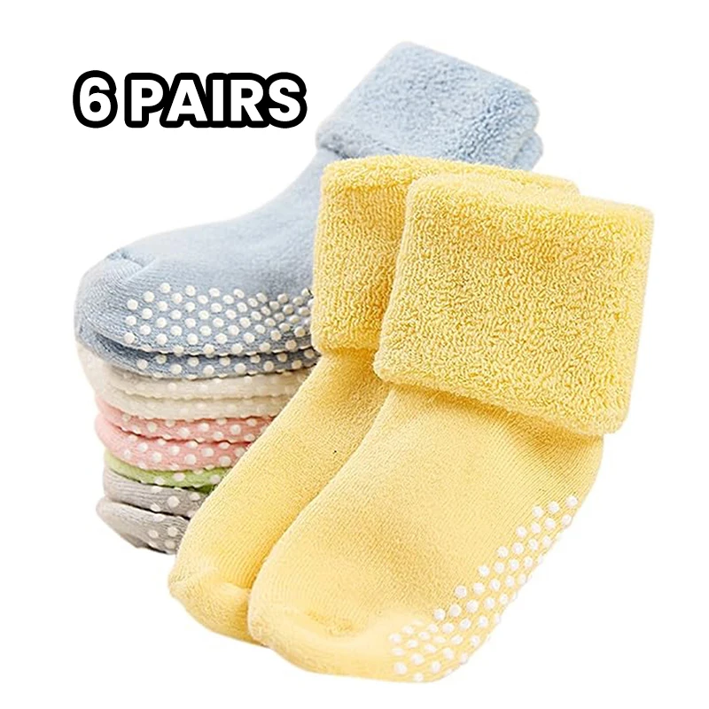 6 أزواج من جوارب الأطفال السميكة المضادة للانزلاق، جوارب المشي للأطفال الصغار، دافئة وسميكة، مناسبة للارتداء اليومي للأطفال