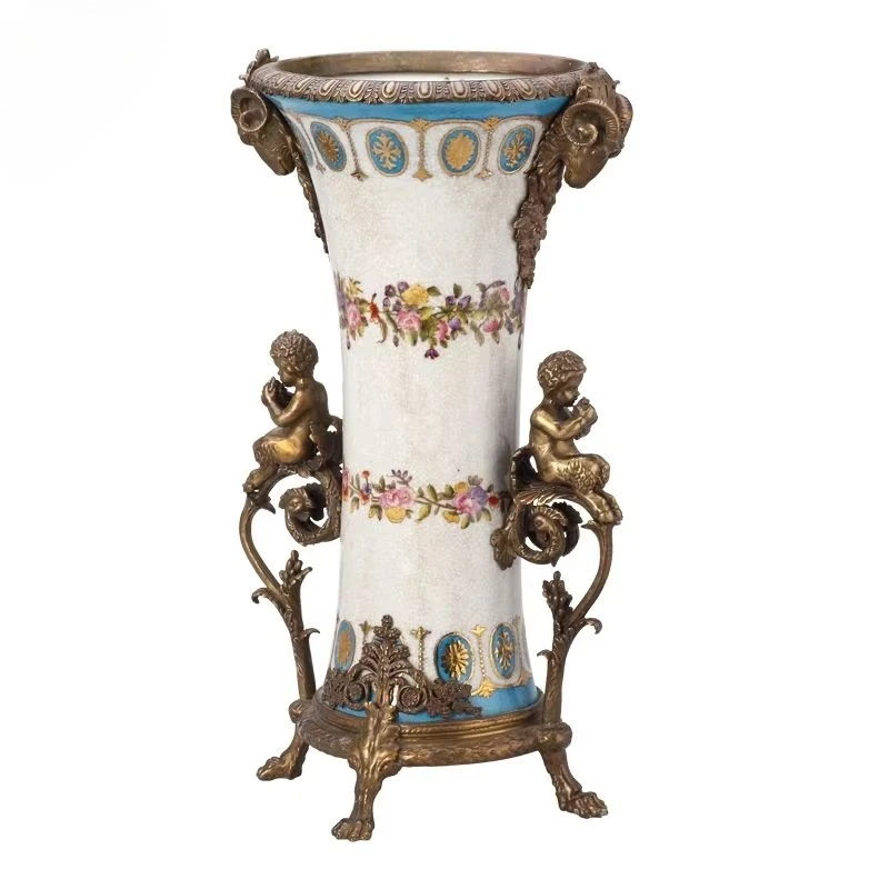 

Vintage Brass Sheep Head Vase Floor Standing Angel Flower Vase Luxury Tall Porcelain Vase for European Style Home Decoration