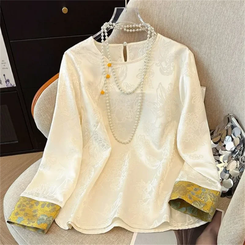 Blusa china para mujer, Top de Jacquard con cuello redondo, camisa Retro para mujer, jersey holgado de té inspirado en Zen, blusa empalmada
