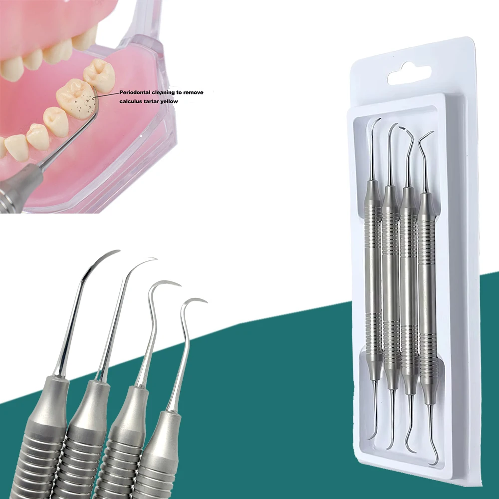 

4PCS Double-Ended Tooth Scaler Kit Dental Teeth Cleaning Stainless Steel Instruments for Oral Hygiene Exams Removal Plaque