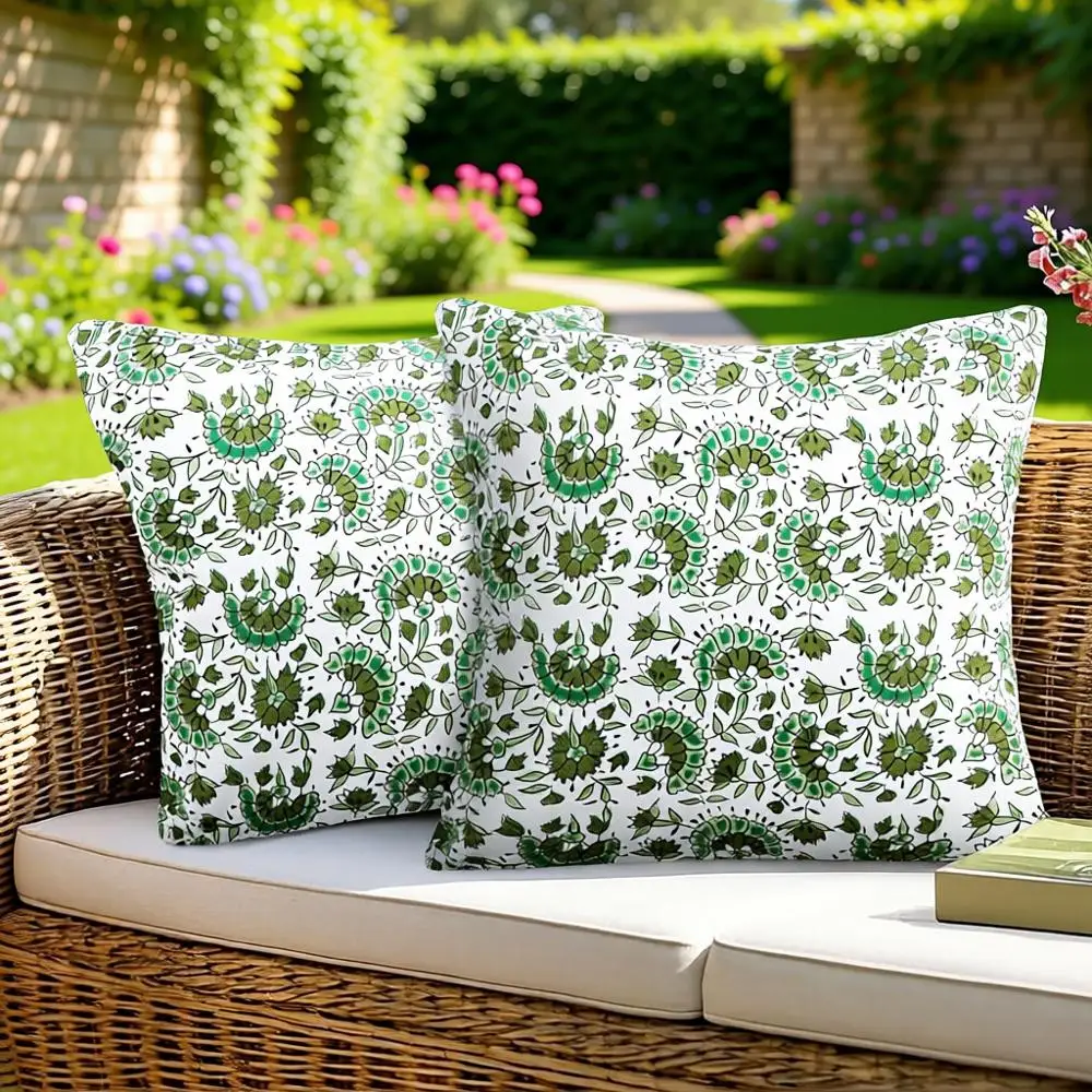 

Набор из 2 двусторонних чехлов для подушек для улицы, 45x45 см, с зеленым цветочным узором для садовой мебели и диванов
