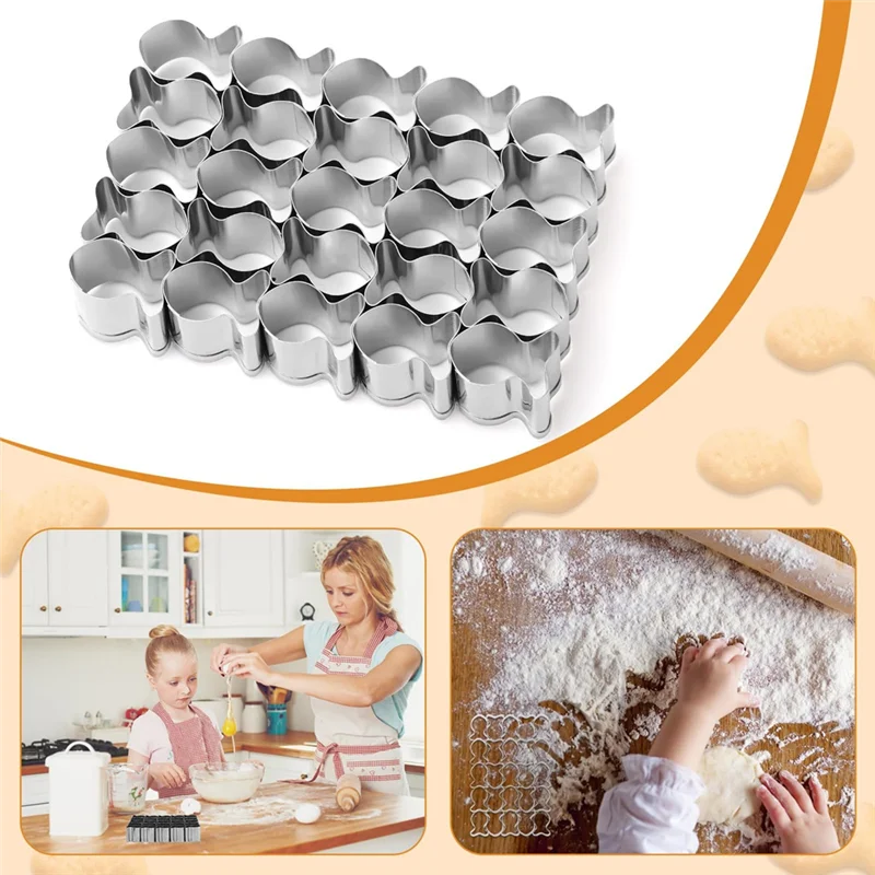 2025 Trendgold Fish Cracker Cutter, cortador de galletas de pescado de 25 cavidades, Mini moldes en forma de pez de acero inoxidable para masa antiadherente Biscu
