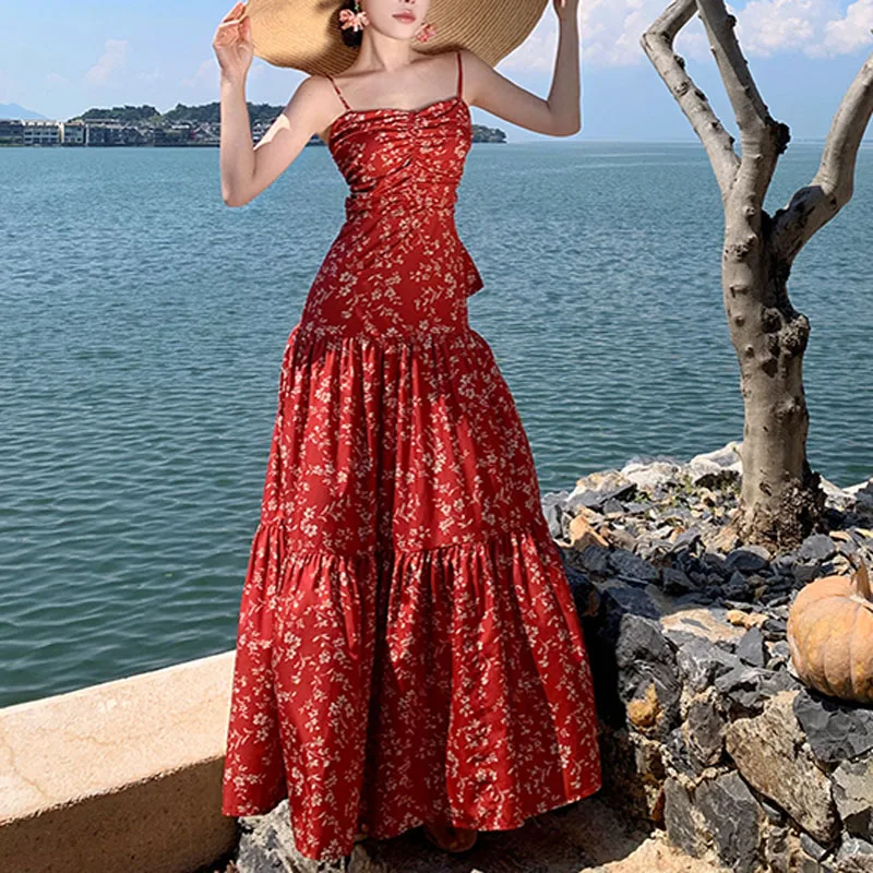 Elegant Boho Flowers PrintLong Dress Ladies Spaghetti Strap Sexy Bowknot Backless Pleated Slim Design Summer Beach Long Dress