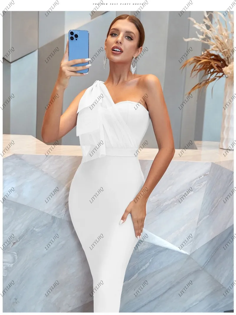 LIYYLHQ Summer Wedding Party Dress One Shoulder Women's Bandage Dress Fashion Sky Blue Mesh Bow Elegant Evening Midi Club Dress