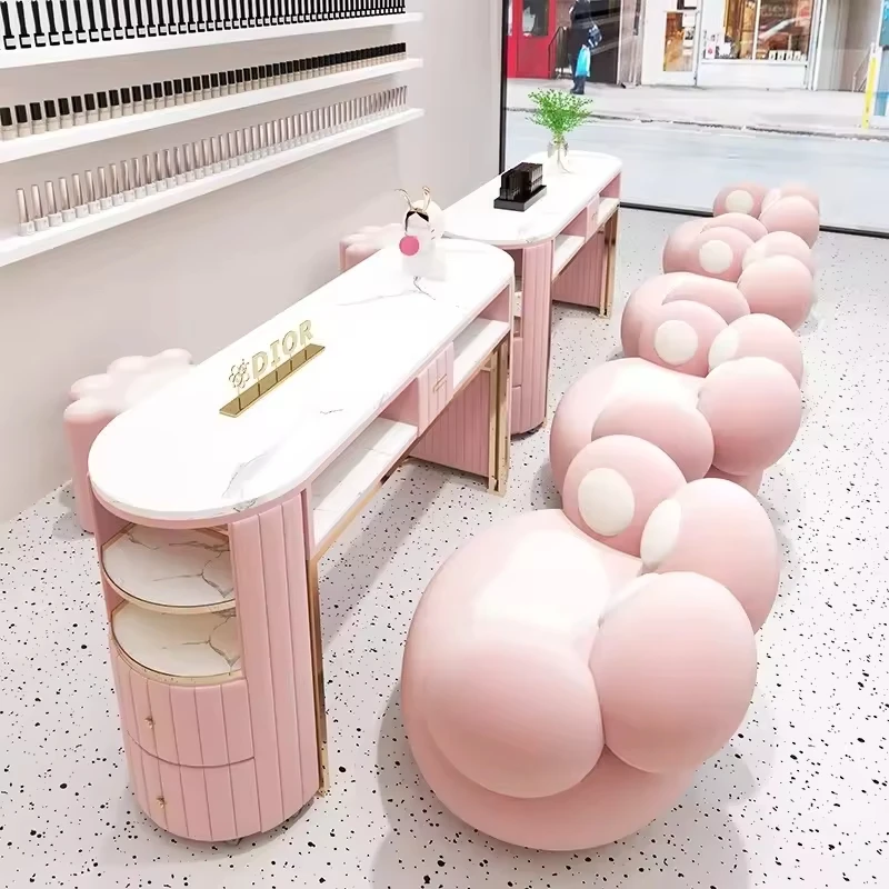 Luxury Nail Table Set Single and Double Nail Table with Cat Paw Chair Pink Metal Furniture