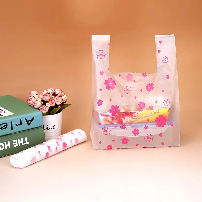 100 Pcs Sakura Plastic Bag with Handle 4 Sizes Fresh-keeping Candy Wedding Cartoon Gift Shopping Kitchen Storage Organization