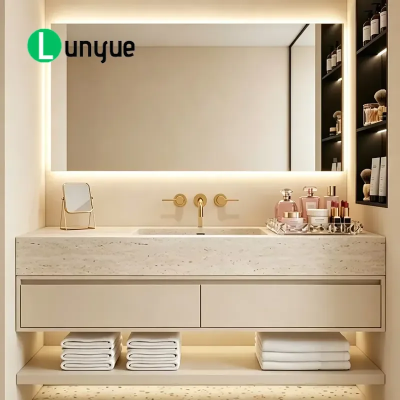 Modern Wall Mounted Floating Bathroom Sink Limestone Textured Calcined Stone Integrated Countertop Basin Vanity for Home