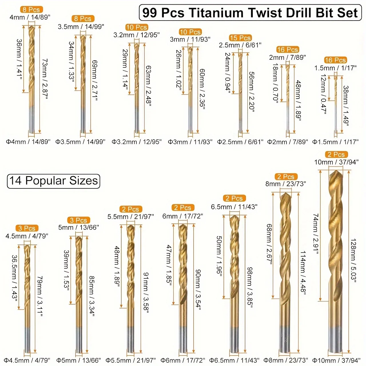 Imagem -05 - Titanium Twist Drill Bit Grupo Aço de Alta Velocidade Perfuração Ideal em Madeira e Ferro Fundido 135 Ponta Tamanho de 16 a Pol 99 Peças