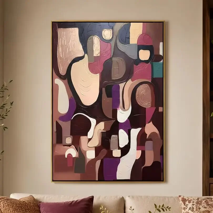 1pc frameless Canvas Painting Mauve Mosaic – Hand-Painted Burgundy and Mauve Geometric Cubist Abstract Painting for Bedroom, Liv