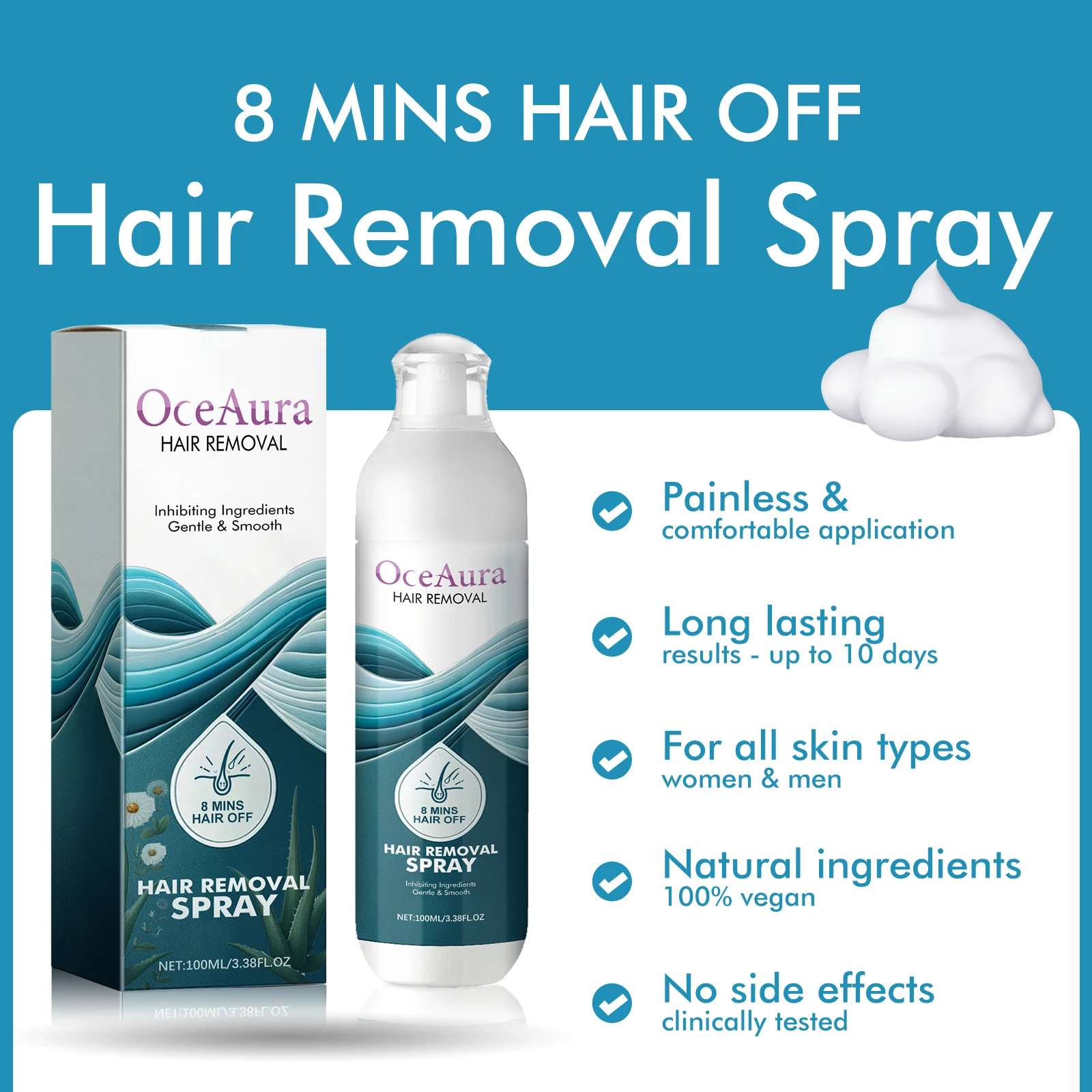 Hair Removal Spray with Hair Growth Inhibitor - Painless Permanent Hair Reduction for Body, Armpit, Legs, Bikini for Women & Men