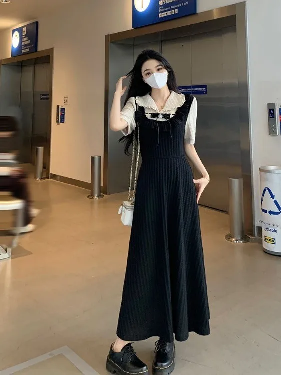 

plus Size Women's Patchwork A-Line Dress Summer New Style Short Sleeve Waist Cinching Color Block Commute Wind High Waist Lon...