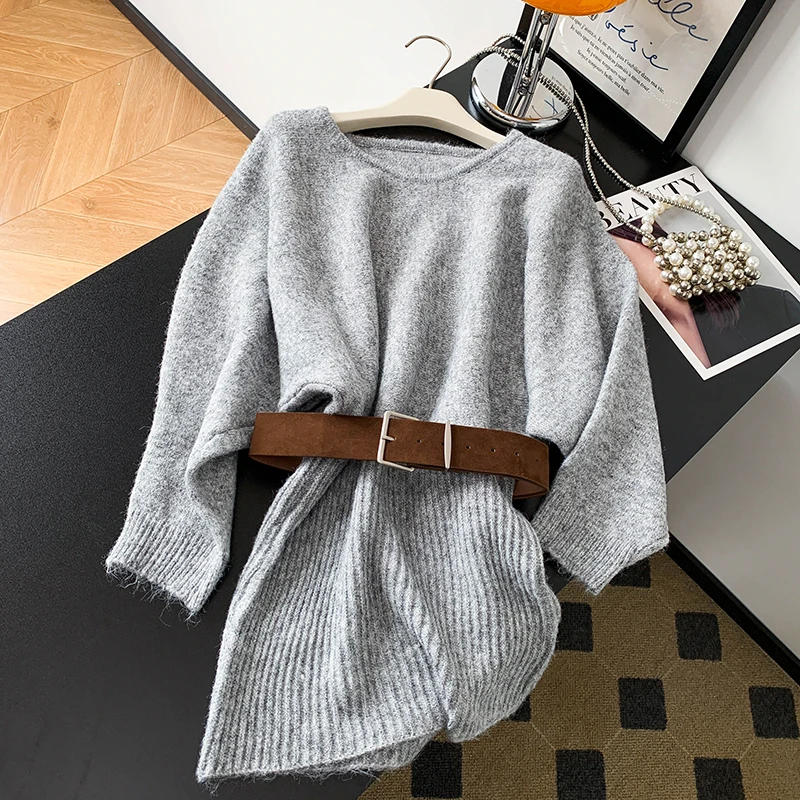 

Осень 2022, новый милый корейский свитер с наклонными плечами, женский свитер Dr с поясом Faionable и Sli