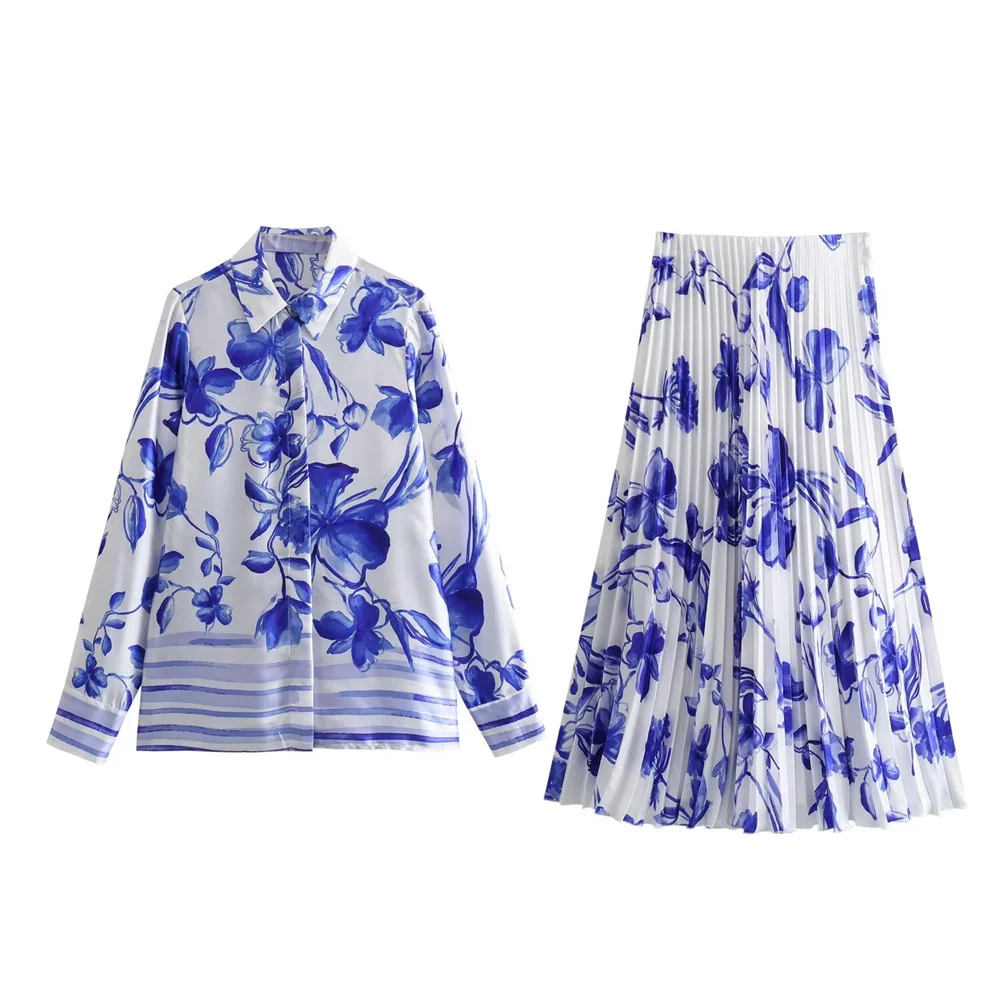 Zach Ailsa 2024 Spring New Product Women\'s Retro Blue Flower Print Interlining Flower Print Pressed Pleated Skirt Set