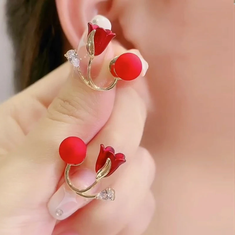 女性のための赤いチューリップパールイヤリング,ファッショナブルで甘い,日常着,トレンディなジュエリー,誕生日プレゼント,ロマンチック,新しい