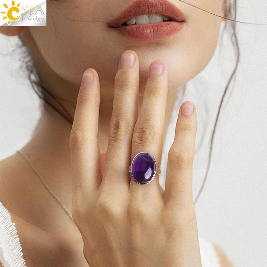 Small Egg Shape Natural Stone Ring Silver Color Adjustable White Crystal Quartz Amethytst Finger Rings Men Women Jewelry H512