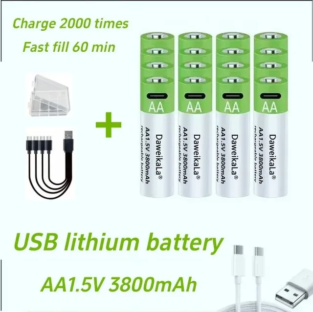 AA & AAA 3800mAh&3000mAh Li-ion Rechargeable Batteries USB-C Fast Charging for Wireless Mouse Remote Control Car LED Lights Toys
