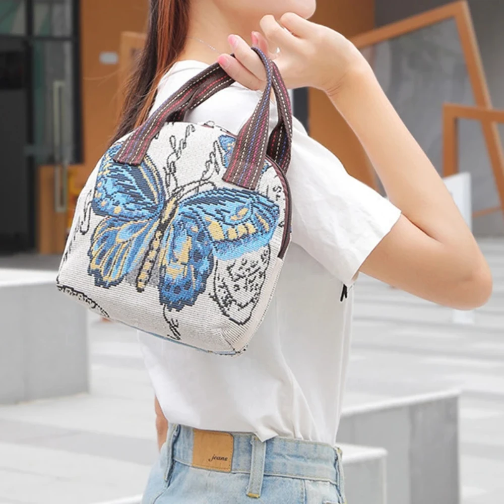 Butterfly Embroidery Top Handle Bag Small Phone Storage Purse Women\'s Woven Handbag With Zipper Canvas Handbag Canvas Bag