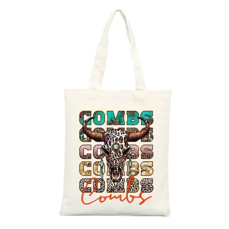 Canvas Tote Bag with Skull and Letter Print, Western Style for Casual Shopping and Daily Use