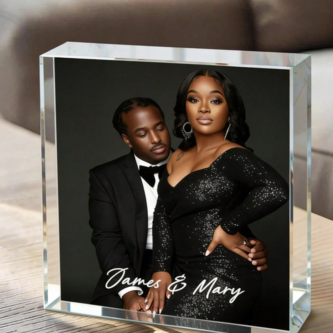 A Custom Acrylic Desktop Decoration with Personalized Photo Options, Including Artistic Images, Couple Portraits, and Family Pho