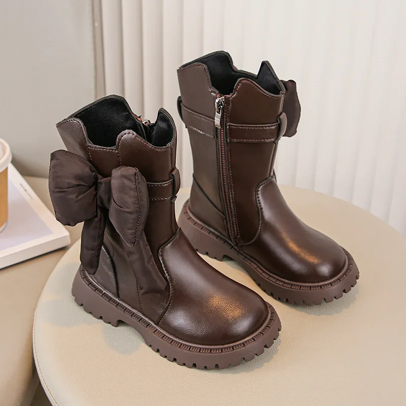 Girls Brown Boots 2026 Fall Winter New Waterproof Non-Slip Tall Boots kid's Faux Fur Lined Breathable Boots Easy Pull On