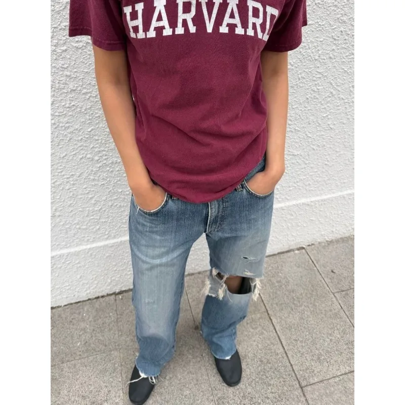 

y2k Pants Streetwear Women Ripped Jeans High Waist Hollow Out Trousers Straight-Leg Pants Large Size Boyfriend Jean High Waist