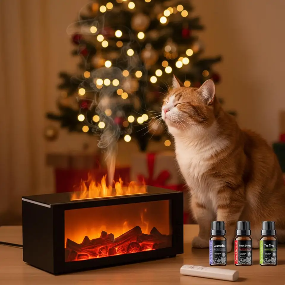 

300ml Essential Oil Diffuser with Colorful Flame, Aromatherapy Machine, Air Humidifier, Auto-Off, Timer & Remote Control for Hom