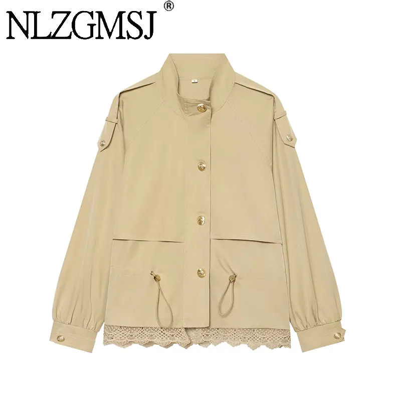 Nlzgmsj 2026 Autumn Women Stand Collar Short Jacket Lace Hem Spliced Outerwear Drawstring Waist Long Sleeve Daily Outer