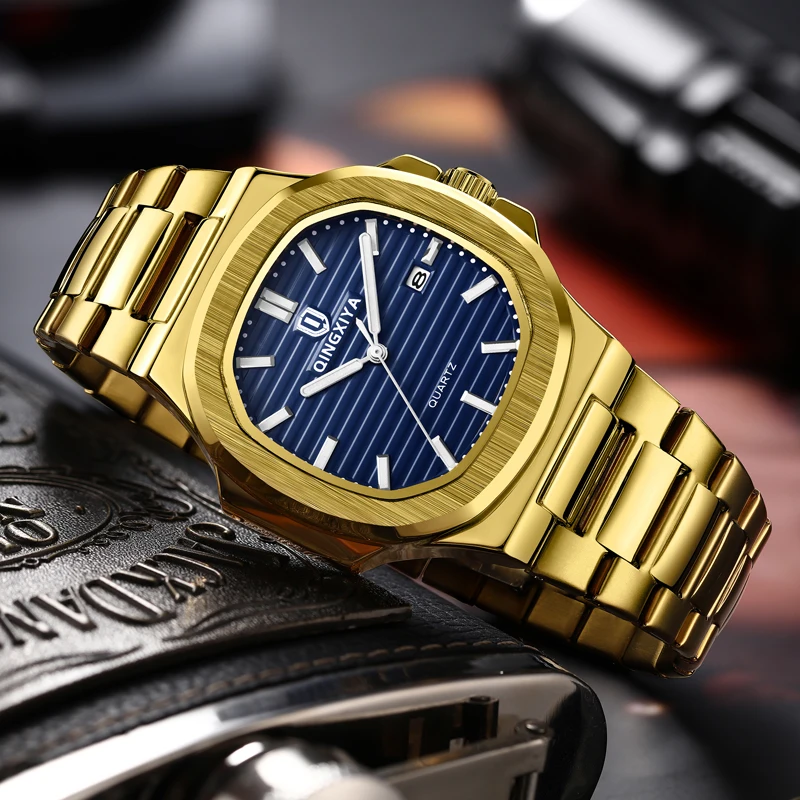 QINGXIYA Orologi da uomo Orologio al quarzo blu oro di lusso delle migliori marche per uomo Orologi da polso con calendario luminoso impermeabile in acciaio inossidabile