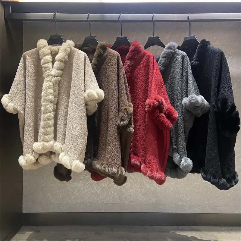 ファッション手仕事フェイクファートリム模倣ラムウールコートケープ冬ルーズオーバーコートパーティー旅行ロングクロークポンチョ女性ギフト