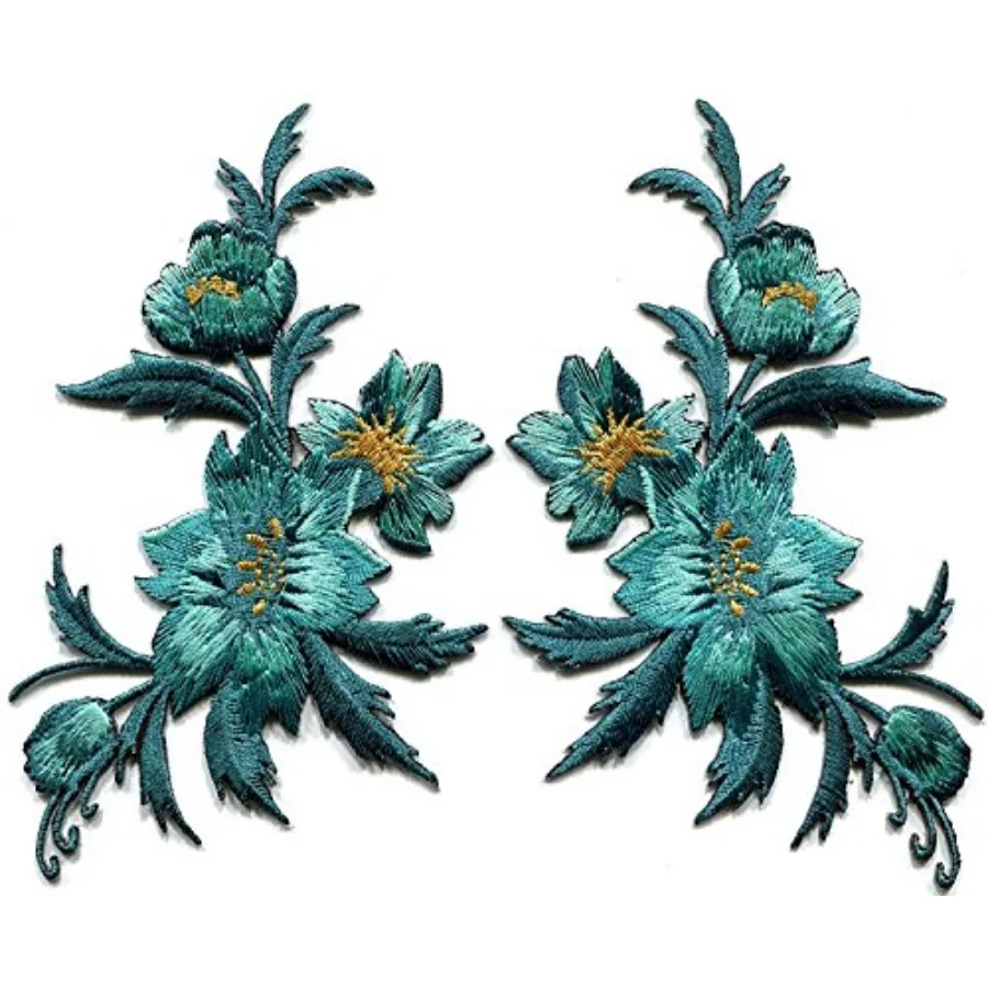 Applique Patch Flower - 3 x 5.13 inches. Blue Green