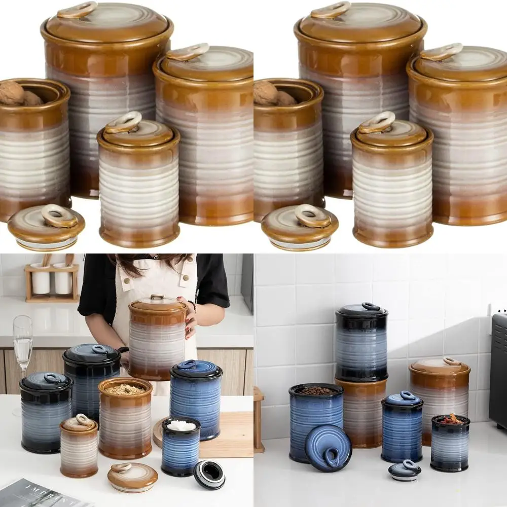 

Набор герметичных керамических баночек для хранения из 4-х коричневых, для муки, сахара, риса, кофе, печенья, конфет