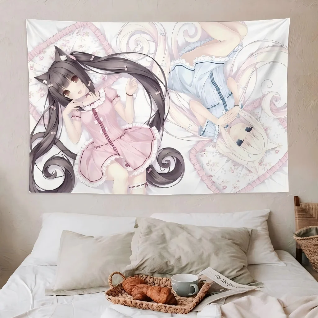 1pc N-Nekopara Chocola Vanilla Pajama Tapestry Twin Cat Girls Floral Bed Print Wall Hanging Kawaii Decor Bedroom Dorm Otaku Fans