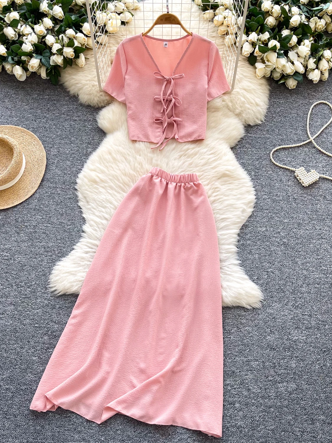 

Ele Two-Piece Women's Summer Outfit Design Sense Hollow out Belted V-Ne ort Sve High Waist Skirt Set