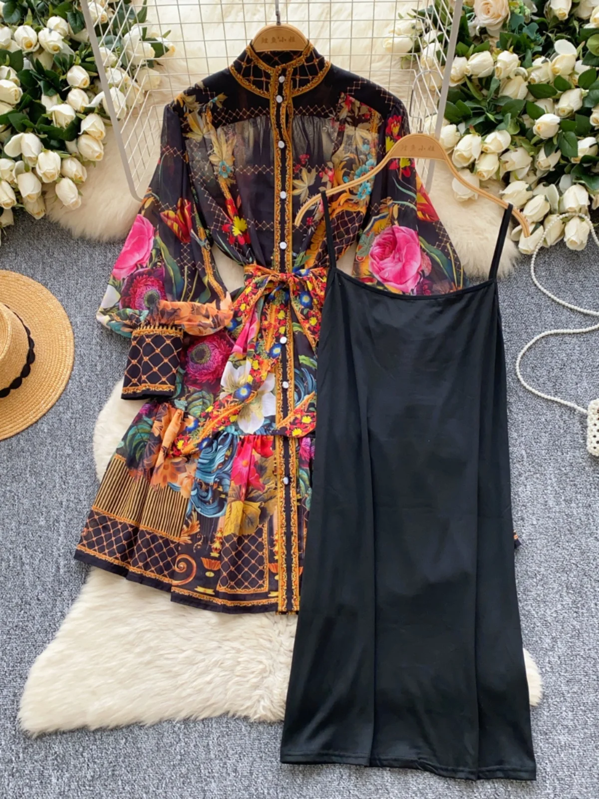 Gonna a trapezio a vita alta snellente Gonna coreana Sle lunga Sve Midi Dr con lanterna Sves Colletto rialzato Orlo in pizzo pieghettato Raso...