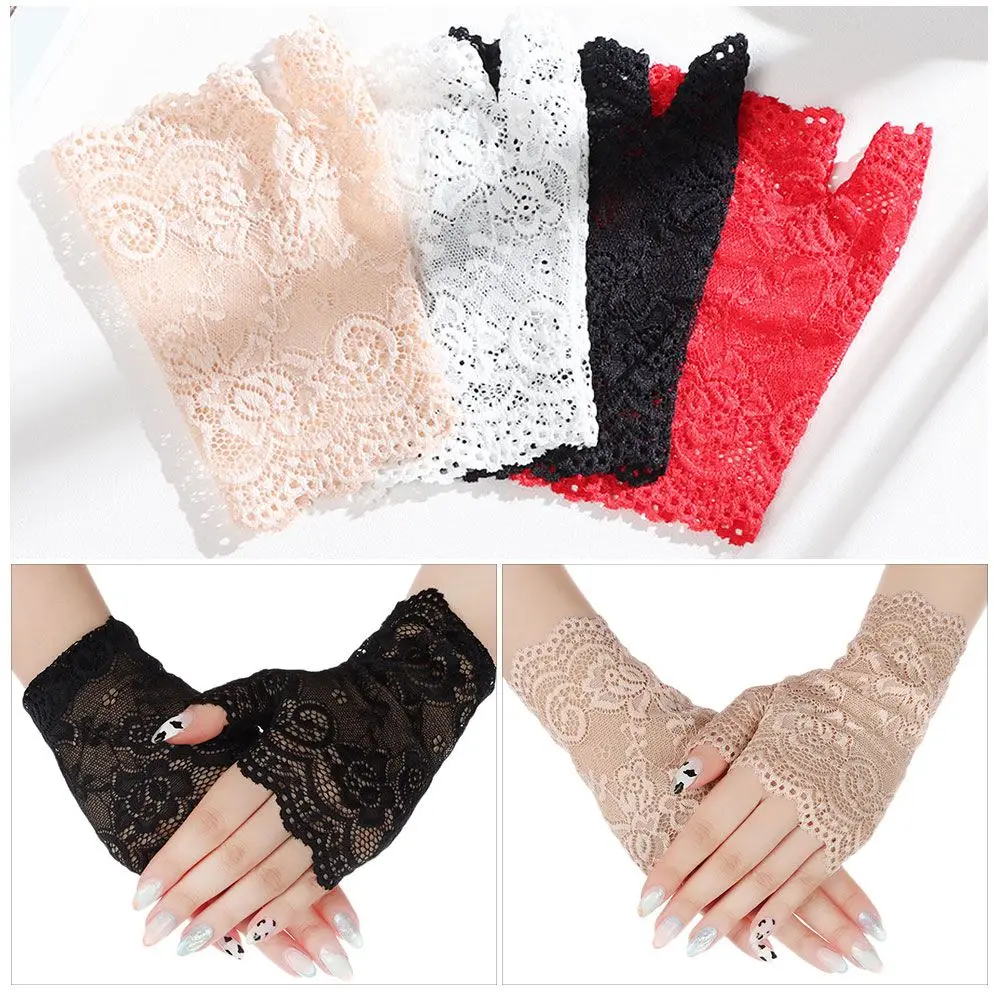 Fashion Women Spring And Summer Dance Lace Gloves Sunscreen Short Gloves Fingerless Driving Gloves Half Finger Mittens