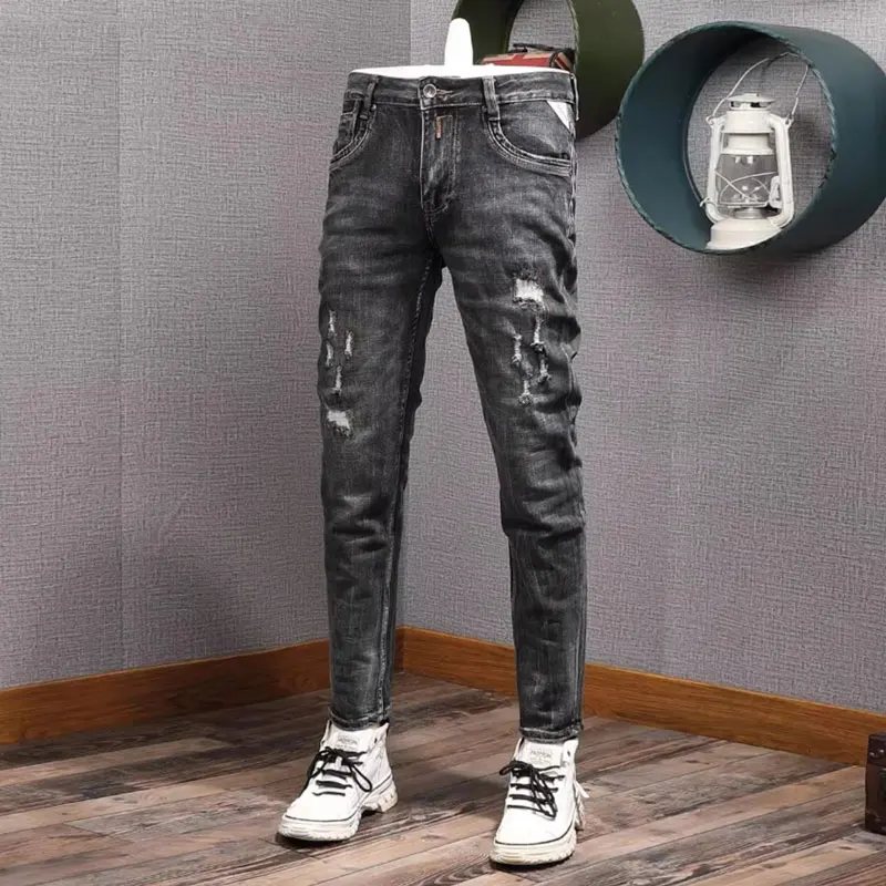 Fashion Designer Men Jeans High Quality Retro Black Gray Stretch Slim Fit Ripped Jeans Men Vintage Casual Denim Pants Hombre