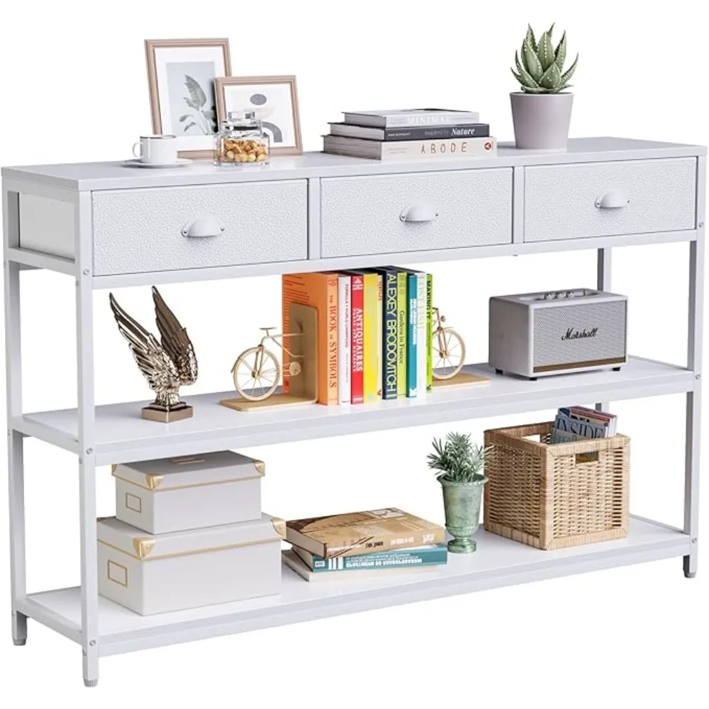 

White Long 47" Console Sofa Table with 3 Drawers, Entryway Table with 3-Tier Storage Shelves, Display Shelf for Entry Way