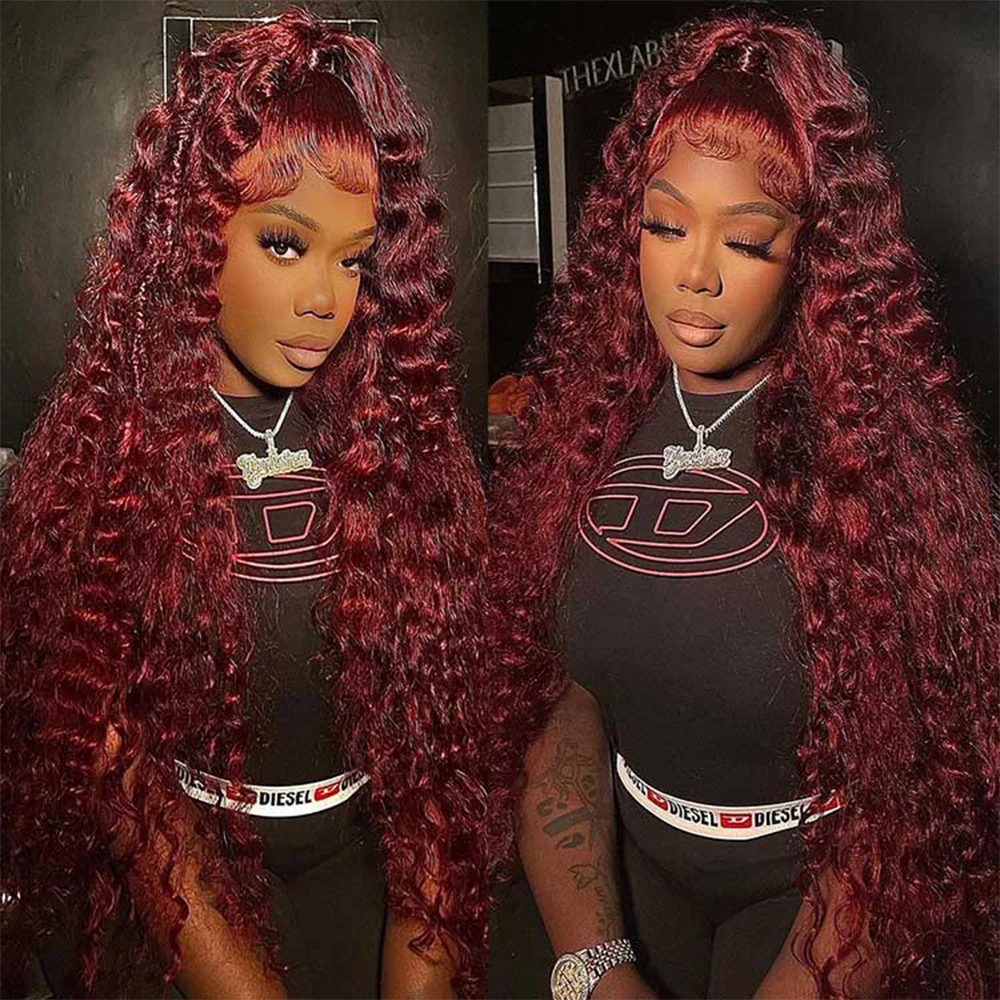 

200% Burgundy 13x6 HD Lace Frontal Human Hair Wig Brazilian 30 40 Inch Colored 99j Curly Wigs Deep Wave Lace Front Wig For Women