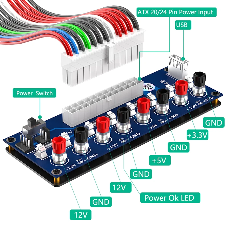 Pc用atx電源ブレークアウトアダプター、供給スプリッターモジュール、5v USBポート、断熱プラスチックベース、電源スイッチ、20ピン、24ピン