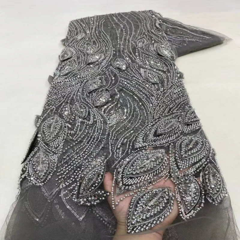 Luxury African Beaded Lace Fabric High Quality 2026 Beads 3d Embroidery French Tulle Laces 5 Yards for Nigerian Wedding Dress 6
