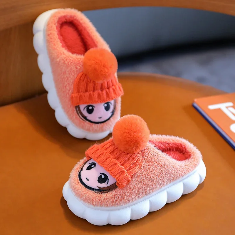 2023 New Winter 2-10y Girls Antiskid Cotton Shoes Children\'s Cute Cartoon Home Indoor Plush Slippers Warm Furry Kids Footwear