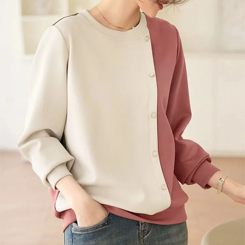 Color Blocked Patchwork Casual 2024 Spring New Women\'s Long Sleeved Simple Commuting Irregular Color Blocked Round Neck Tops