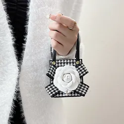 Luxury Fashion Camellia Flower Houndstooth PU Leather Handbag Design Case Cover For Samsung Galaxy Z Flip 4G 6 5 4 3 ZFlip6 5G
